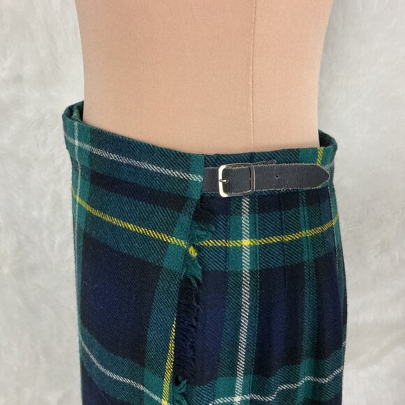 Vintage 80s Green Blue Tartan Plaid Pleated Wool Midi Wrap Skirt Vintage Size 18 - Picture 3 of 7